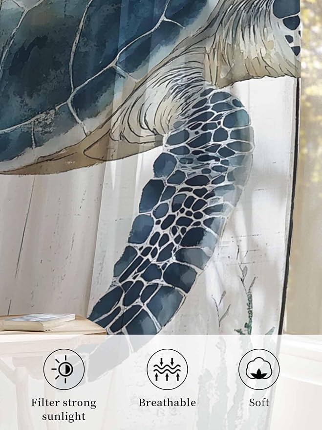 Sheer Curtains 54 Inch Length, Sea Turtle Teal Blue Semi Sheer Curtains Light Filtering Window Treatment, Summer Coastal Ocean Wood Grain Privacy Voile Drapes for Living Room Bedroom 52x54 Inch