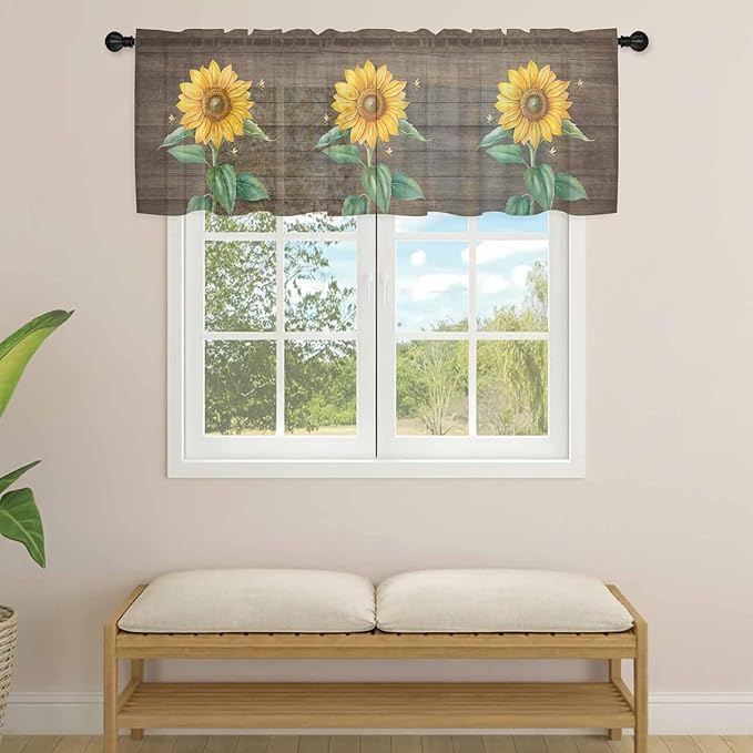 Summer Sunflower Sheer Valance Curtains, Yellow Floral Plants Bees Brown Wood Grain Light Filtering Kitchen Valances Rod Pocket Voile Curtain Window Treatment for Bedroom/Living Room/Basement 54Wx18L