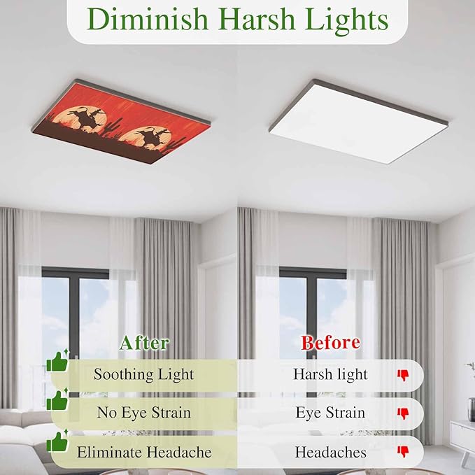Fluorescent Light Covers for Drop Ceiling Western Cowboys Horse Riding on Red Magnetic Light Filters, Abstract Cactus Desert Ceiling Shade Filters for Home Classroom Office,2x4 ft,1Pack