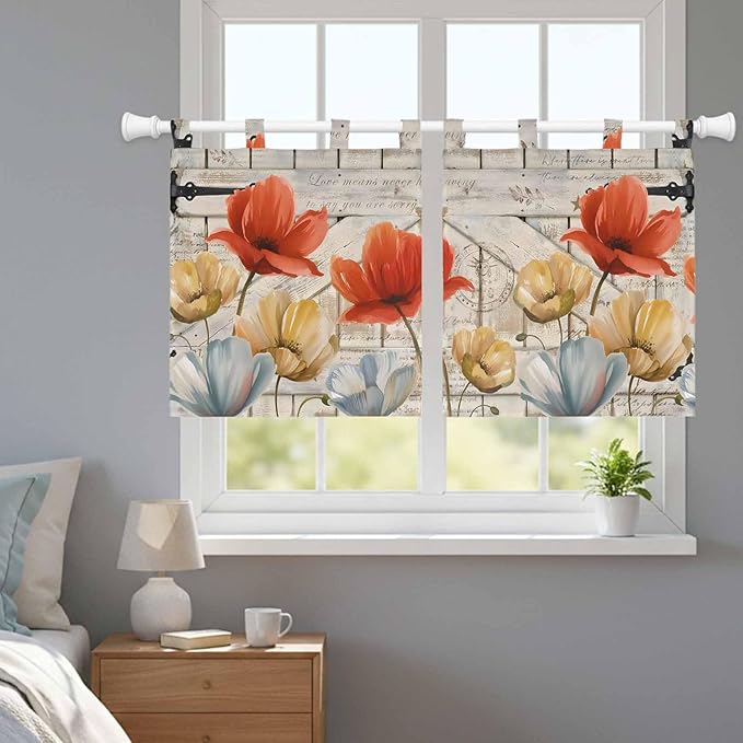 Retro Floral Kitchen Curtains 36 Inch Length, Small Window Curtains Tab Top, Red Yellow Tulips Barm Doors Farmhouse Wooden Light Filtering Short Window Treatments Tier Drapes 27.5"x36" 2 Panel