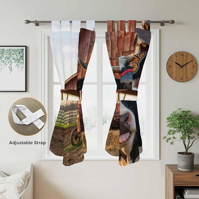Farm Cows Bathroom Curtains 63 Inch Length, Window Curtains Tab Top, Farmhouse Barn Funny Animals Butterfly Light Filtering Window Treatments Drapes 52"x63" 2 Panel
