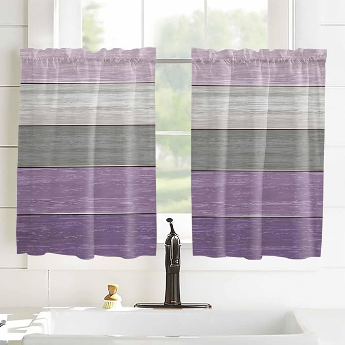 Country Wood Board Gray Purple Window Valance Curtains, Farmhouse Gradient Plank Light Filtering Kitchen Valance with 3-inch Rod Pocket for Living Room Bathroom Bedroom,2 Panel,27.5x45In