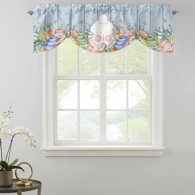 Spring Easter Tie Up Valance Curtains for Windows, Kitchen Curtains Window Shades, Rabbit Ears Foot Colorful Eggs Wooden Plank Light Filtering Roman Curtain Valances for Bedroom/Bathroom/Cafe 60"x18"