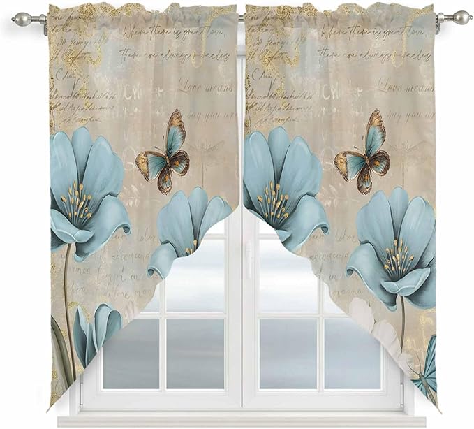 Spring Flowers Swag Valances for Windows, Vintage Rustic Tulips Floral Butterfly Khaki Rod Pocket Kitchen Curtains Valance, Kitchen Window Curtains Swag for Cafe Living Room, 2 Panels, 36x45 inch