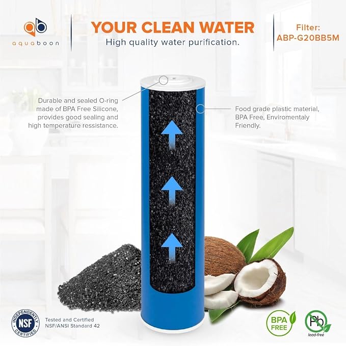 Aquaboon 5 Micron 20 x 4.5 Premium Granular Activated Carbon Water Filter Cartridge Replacement - GAC Filter Compatible with AP117, GAC-10, 6 Pack