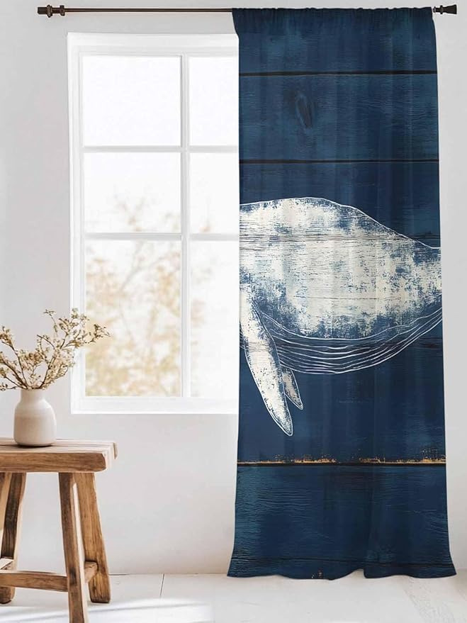 Sheer Curtains 96 Inches Long, Summer Whale Semi Sheer Curtains Light Filtering Window Treatment, Ocean Watercolor Wooden Grain Blue Privacy Voile Drapes for Living Room Bedroom 52x96 Inch
