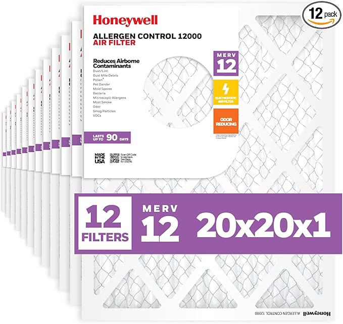 Honeywell 20x20x1 MERV 12 Electrostatic Pleated HVAC AC Furnace Air Filter (12-Pack) | Replacement Filter for Home Use | Made in USA