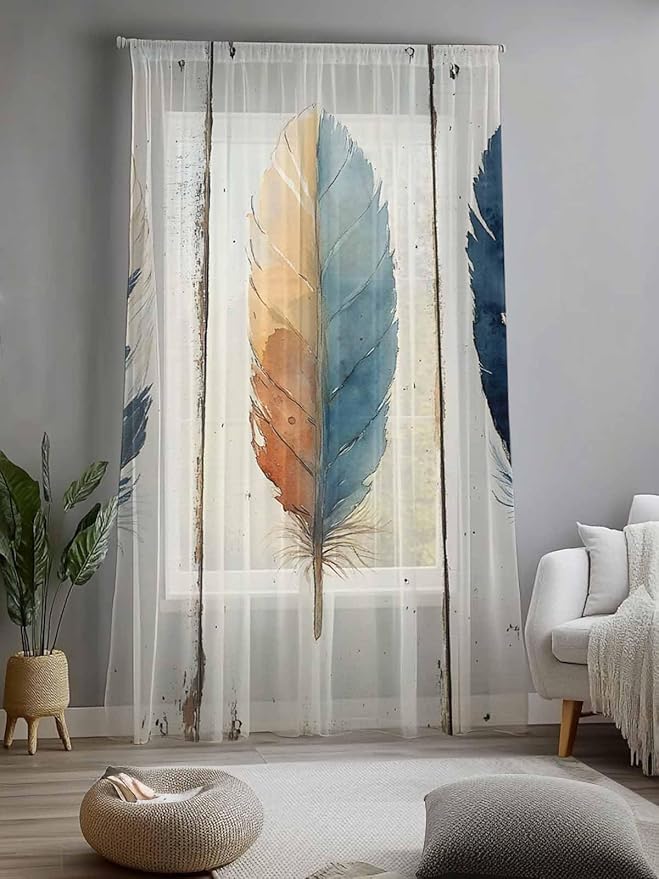 Sheer Curtains 84 Inches Long, Blue Brown Feathers Semi Sheer Curtains Light Filtering Window Treatment, Boho Ombre Vintage Wooden Grain Privacy Voile Drapes for Living Room Bedroom 52x84 Inch