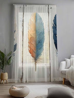 Sheer Curtains 84 Inches Long, Blue Brown Feathers Semi Sheer Curtains Light Filtering Window Treatment, Boho Ombre Vintage Wooden Grain Privacy Voile Drapes for Living Room Bedroom 52x84 Inch