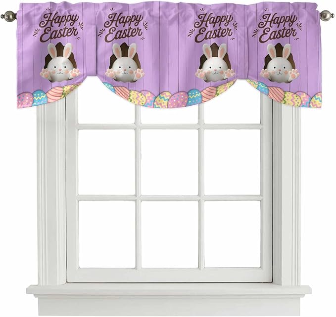Purple Easter Tie Up Valance Curtains for Windows, Kitchen Curtains Window Shades, Spring Cartoon Bunny Colorful Eggs Wood Grain Light Filtering Curtain Valances for Bedroom/Bathroom/Cafe 42"x18"