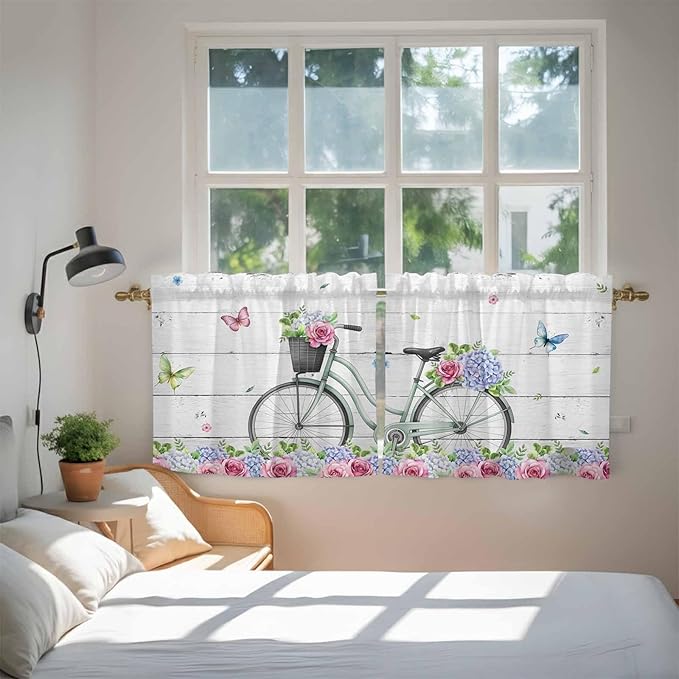 Spring Tier Curtains, Bicycles Botanical Rose Leaves Butterfly Wood Grain Light Filtering Kitchen Curtains, 2Pcs Rod Pocket Half Window Treatments Panels for Sink Cafe Cabinet Camper 27.5x36 Inches