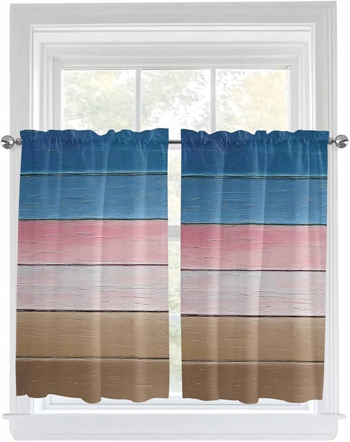 Blue Pink Brown Gradient Wood Grain Window Valance Curtains, Vintage Wood Board Light Filtering Kitchen Valance with 3-inch Rod Pocket for Living Room Bathroom Bedroom,2 Panel,27.5x45In