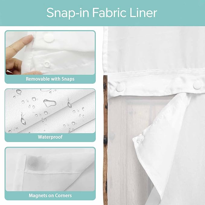 Wood Barn Door No Hook Shower Curtain with Snap in Liner Set, Waterproof Shower Curtains for Bathroom, Wooden Plank Fabric Shower Curtain, See Through Mesh Top Window, 54" W x 78" L
