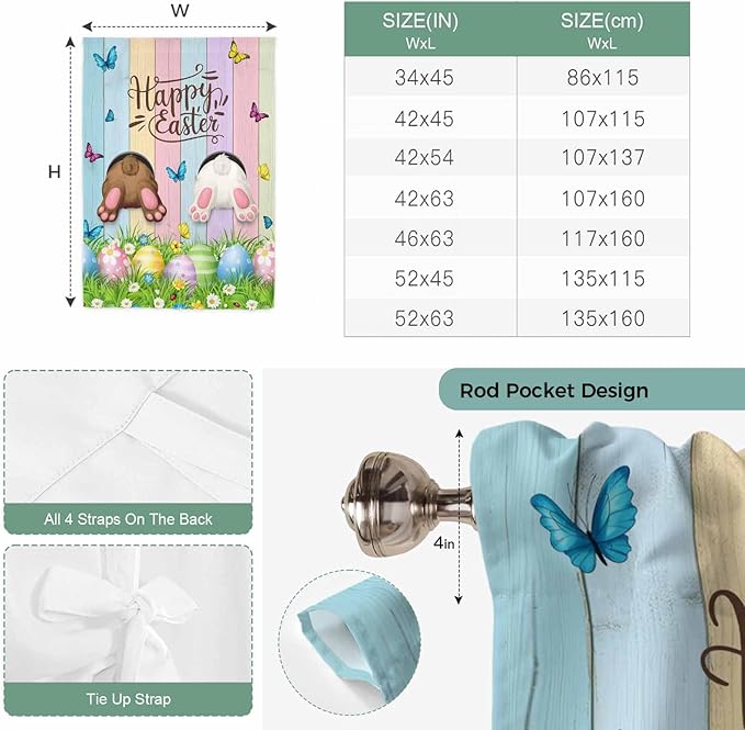 Tie Up Curtains,Happy Easter Rabbit Butt Egg on Daisy Leaf Adjustable Rod Pocket Window Shade Curtain Drape Bufferfly on Wood Barn Tie-Up Valance for Kitchen Bedroom Living Room Windows,52"x45"