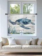 Sheer Curtains 54 Inch Length, Ocean Sea Turtle Semi Sheer Curtains Light Filtering Window Treatment, Coastal Seaweed Vintage Wood Grain Privacy Voile Drapes for Living Room Bedroom 52x54 Inch