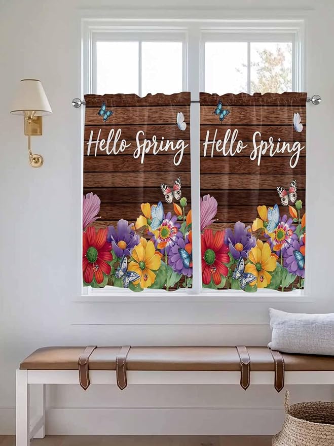 Spring Flowers Kitchen Curtains 54 Inches Length, Watercolor Farmhouse Colorful Wooden Grain Window Treatment Curtain Drapes, Decorative Window Curtains for Bedroom Cafe, 52"x54", 2 Panels