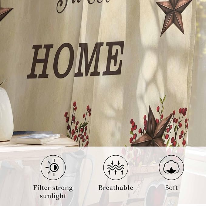 Farm Sheer Curtains 84 Inch Length American Country Barn Star Vintage Berry Brown Chiffon Curtain for Bedroom Living Room Light Filtering Rod Pocket Window Treatments Voile Curtains Drapes for Dining