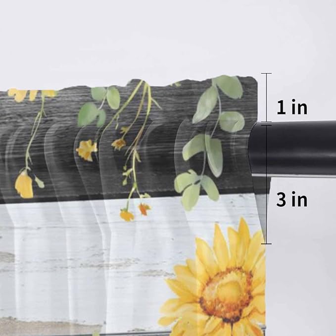 Summer Floral Sheer Valance Curtains, Watercolor Sunflower Eucalyptus Leaves Black Wood Grain Light Filtering Kitchen Valances Rod Pocket Voile Curtain for Bedroom/Living Room/Basement 42Wx18L