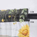 Summer Floral Sheer Valance Curtains, Watercolor Sunflower Eucalyptus Leaves Black Wood Grain Light Filtering Kitchen Valances Rod Pocket Voile Curtain for Bedroom/Living Room/Basement 42Wx12L