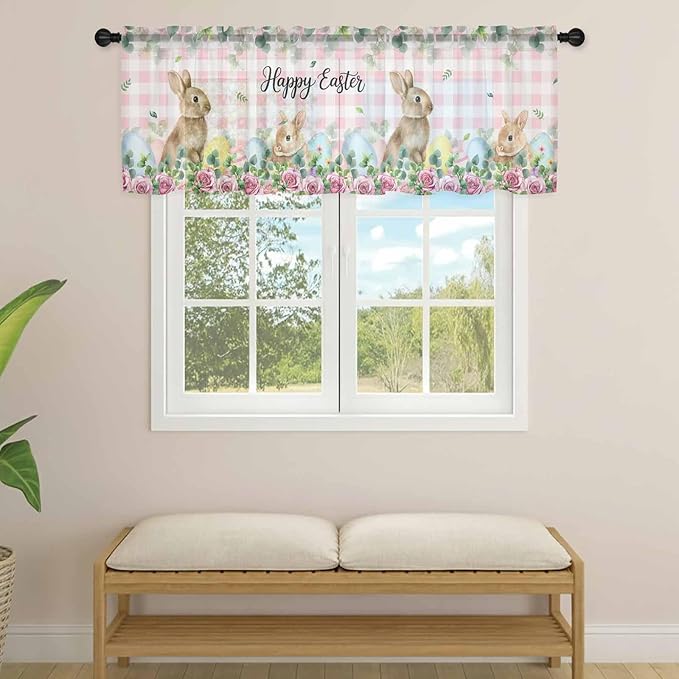 Easter Sheer Valances for Windows 60"x18", Light Filtering Kitchen Curtains Valance, Spring Watercolor Bunny Eggs Flower Leaf Pink Plaid Rod Pocket Chiffon Curtains for Living Room Bedroom Cafe