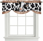 Cow Printed Tie Up Valance Curtains for Windows, Kitchen Curtains Window Shades, Farmhouse Watercolor Country Wooden Grain Light Filtering Roman Curtain Valances for Bedroom/Bathroom/Cafe 60"x18"