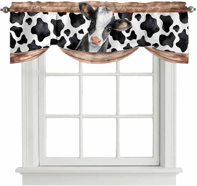 Cow Printed Tie Up Valance Curtains for Windows, Kitchen Curtains Window Shades, Farmhouse Watercolor Country Wooden Grain Light Filtering Roman Curtain Valances for Bedroom/Bathroom/Cafe 60"x18"