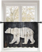 Sheer Curtains 54 Inch Length, White Brown Bear Semi Sheer Curtains Light Filtering Window Treatment, Rustic Counrty Vintage Wood Grain Privacy Voile Drapes for Living Room Bedroom 52x54 Inch