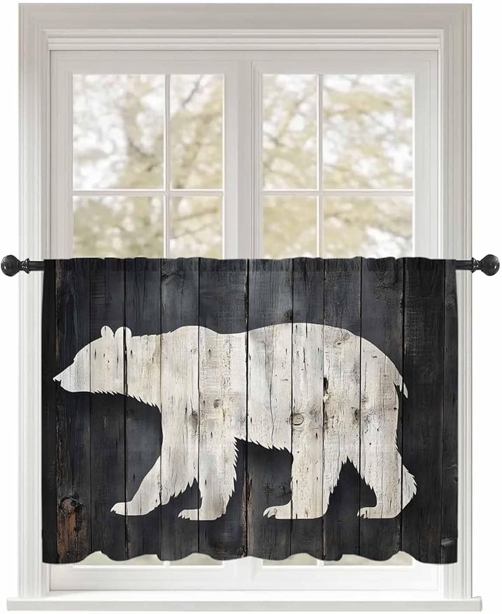 Sheer Curtains 45 Inch Length, White Brown Bear Semi Sheer Curtains Light Filtering Window Treatment, Rustic Counrty Vintage Wood Grain Privacy Voile Drapes for Living Room Bedroom 52x45 Inch