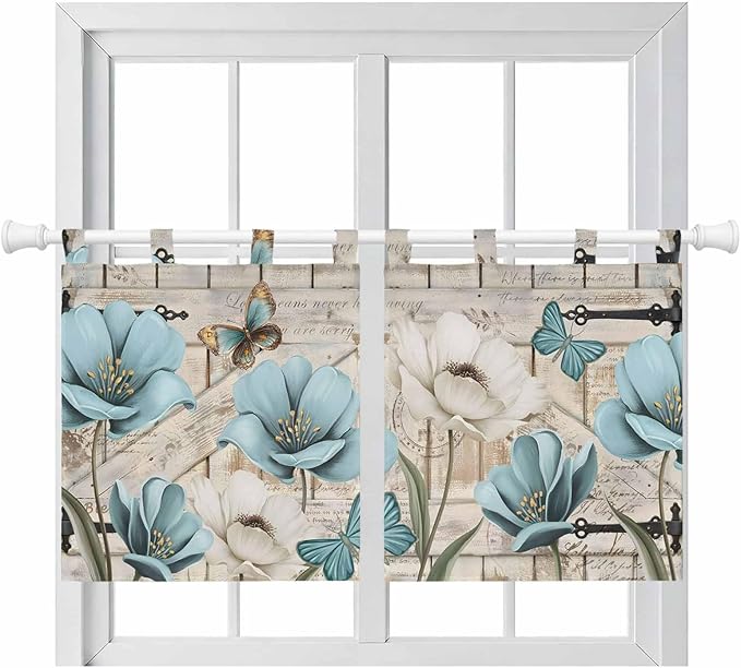 Teal Blue Tulips Kitchen Curtains 36 Inch Length, Small Window Curtains Tab Top, Spring Floral Barn Doors Vintage Wood Beige Light Filtering Short Window Treatments Tier Drapes 27.5"x36" 2 Panel