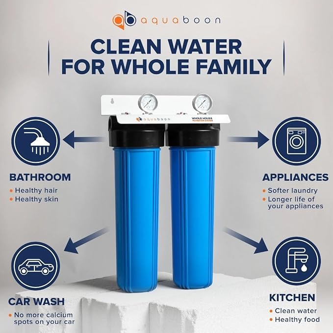 Aquaboon 2-Stage Whole House Water Filter System with 20x4.5 Sediment/Anti-Scale, Carbon Block Filters, Pressure Gauges & Release, Wrench, Bracket
