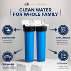 Aquaboon 2-Stage Whole House Water Filtration System with 20" Sediment, KDF Filters, Pressure Gauges & Release, Wrench, White Coated Bracket