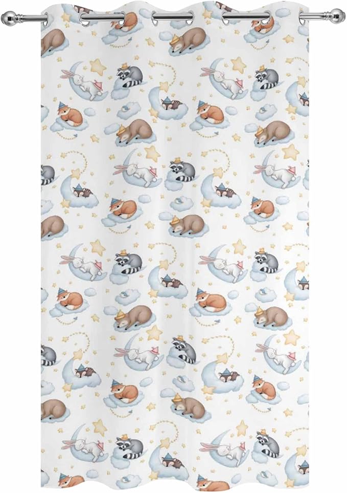 Cartoon Animals Outdoor Curtains for Patio Raccoons Rabbits Moon Waterproof Outside Curtains with Grommet Top Weatherproof Curtain for Cabana Pergola Gazebo, 1 Panel, 54" W x 95" L