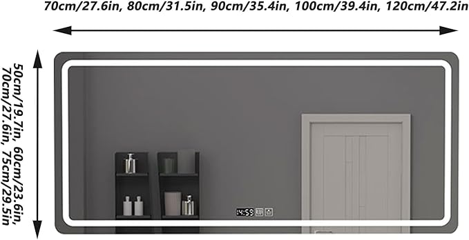 Bathroom Mirror with LED Lights, Lighted Bathroom Makeup Wall Mounted Mirror with Demister Pad, 3-Color Dimmable LED Light, for Wall Decor, Vanity, Living Room(A,90x150cm)