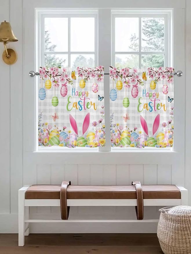 Happy Easter Half Window Curtain 36 Inches Long, Spring Watercolor Bunny Eggs Flower Grey Plaid Window Treatment Curtain Drapes, Small Tier Curtains for Bathroom Over Sink, 27.5"x36", 2 Panels