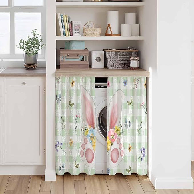 Easter Kitchen Curtains 54 Inch Long 2 Panel Set, Rod Pocket Window Curtains Panels, Spring Bunny Ears Feet Flowers Green Plaid Light Filtering Privacy Draperies for Bedroom Laundry 42"W x 54"L