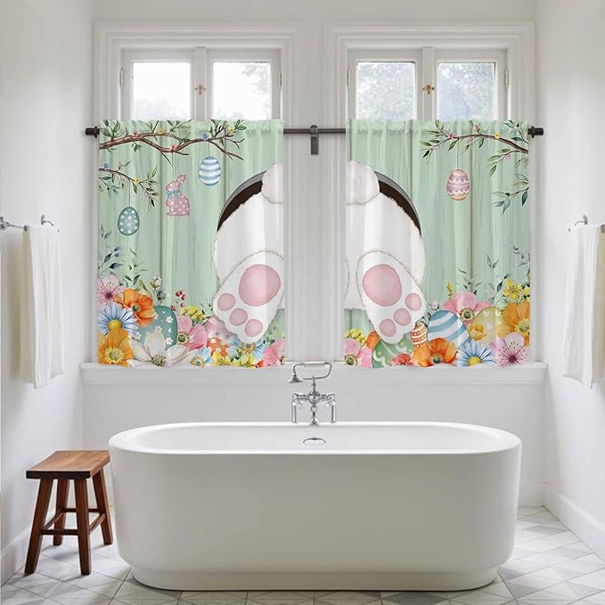 Easter Kitchen Curtains 45 Inch Long 2 Panel Set, Rod Pocket Window Treatment, Spring Watercolor Bunny Eggs Wooden Grain Green Light Filtering Short Curtains & Drapes for Bathroom Laundry 52"W x 45"L