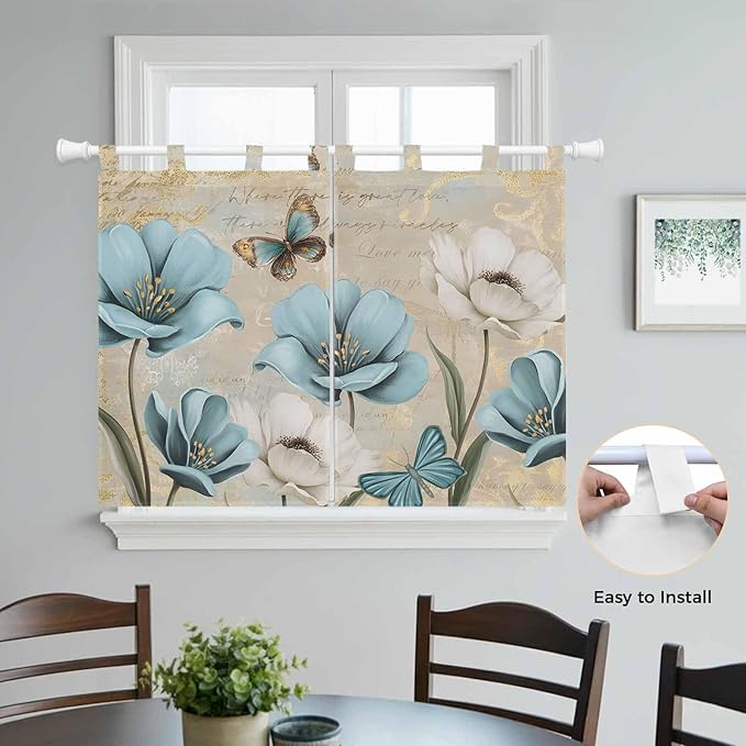 Spring Flowers Bedroom Curtains 63 Inch Length, Window Curtains Tab Top, Vintage Rustic Tulips Floral Butterfly Khaki Light Filtering Window Treatments Drapes 42"x63" 2 Panel
