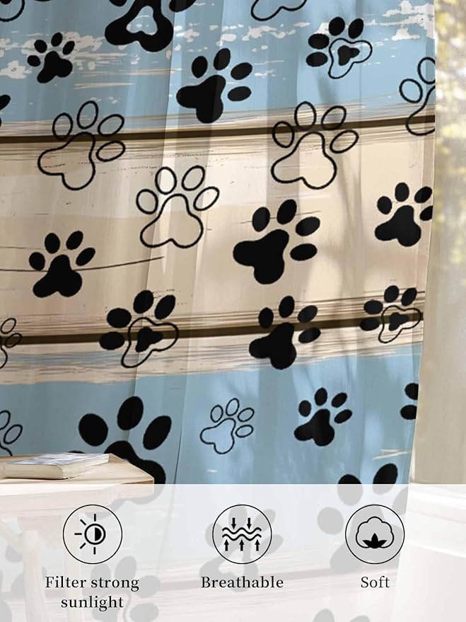 Sheer Curtains 108 Inches Long, Blue Beige Paw Print Semi Sheer Curtains Light Filtering Window Treatment, Vintage Farmhouse Rustic Wooden Grain Privacy Voile Drapes for Living Room 52x108 Inch