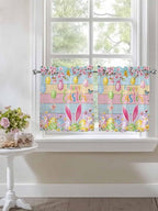 Colorful Easter Half Window Curtain 36 Inches Long, Spring Watercolor Bunny Egg Flower Wood Grain Window Treatment Curtain Drapes, Small Tier Curtains for Bathroom Over Sink, 27.5"x36", 2 Panels