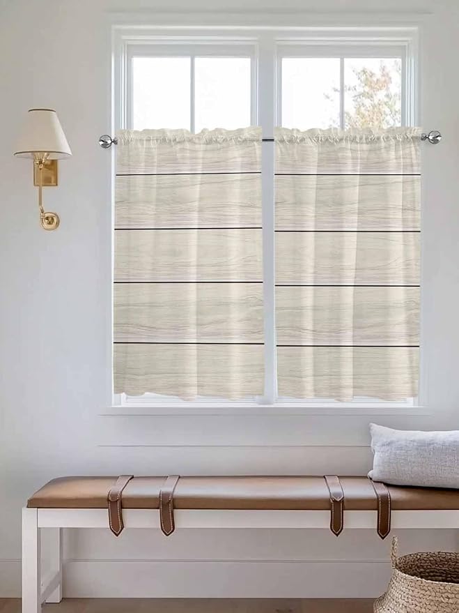 Vintage Country Wooden Board Window Valance Curtains, Gradient Wood Grain Line Light Filtering Kitchen Valance with 3-inch Rod Pocket for Living Room Bathroom Bedroom,2 Panel,27.5x45In