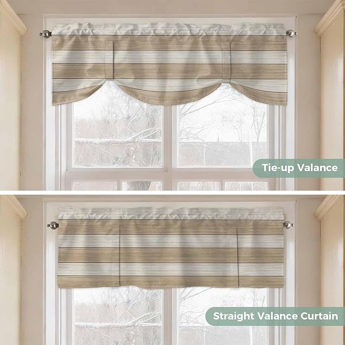 Brown Ombre Wooden Tie Up Valance Curtains for Windows, Kitchen Curtains Window Shades, Farmhouse Retro Khaki Wood Light Filtering Roman Curtain Valances for Bedroom/Bathroom/Cafe 54"x18"