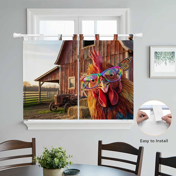 Farm Rooster Bedroom Curtains 63 Inch Length, Window Curtains Tab Top, Farmhouse Barn Funny Animals Butterfly Light Filtering Window Treatments Drapes 42"x63" 2 Panel