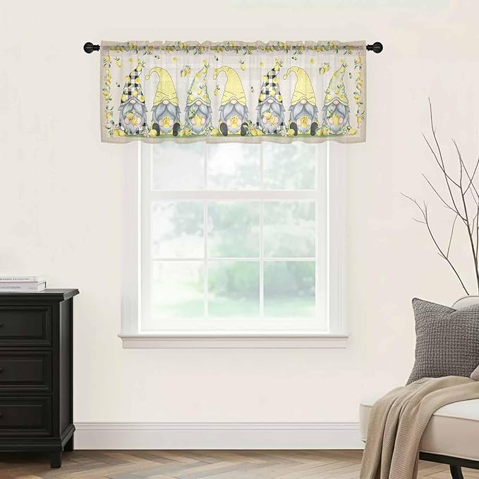 Rustic Lemon Gnomes Sheer Valance Curtains, Summer Fruit Leaves Retro Linen Texture Light Filtering Kitchen Valances Rod Pocket Voile Curtain Window Treatment for Bedroom/Living Room/Basement 60Wx18L