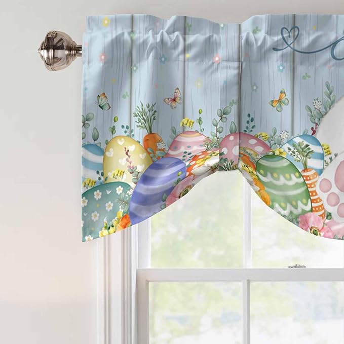 Spring Easter Tie Up Valance Curtains for Windows, Kitchen Curtains Window Shades, Rabbit Ears Foot Colorful Eggs Wooden Plank Light Filtering Roman Curtain Valances for Bedroom/Bathroom/Cafe 42"x12"