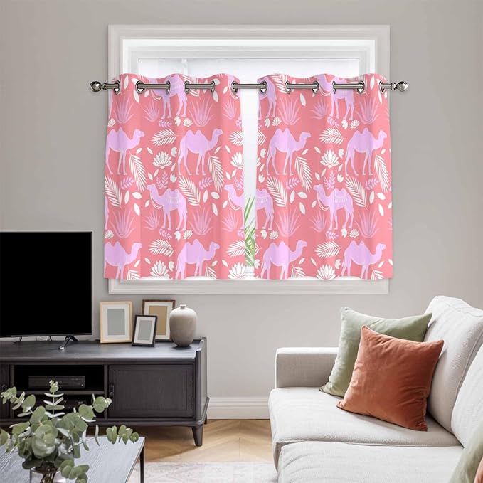 2 Panel Kitchen Cafe Curtains, Desert Camel Sunlight Filtering Nature Air Through, Window Decor Tier Curtains for Living Room 104W x 52L inch Vintage Sand Camel Leaves Flower Pattern Pink