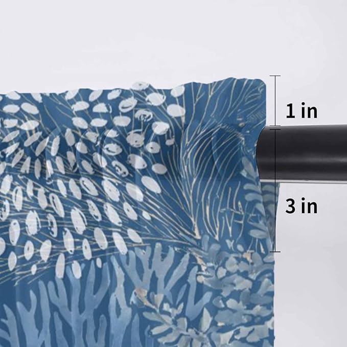 Ocean Corals Sheer Valance Curtains, Summer Beach Coral Sea Stars Dark Blue Light Filtering Kitchen Valances Rod Pocket Voile Curtain Window Treatment for Bedroom/Living Room/Basement 54Wx18L
