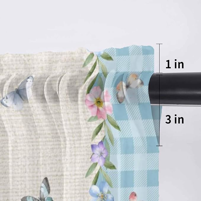 Easter Sheer Valances for Windows 60"x18", Light Filtering Kitchen Curtains Valance, Gnomes Colorful Eggs Butterfly Flowers Blue Check Rod Pocket Chiffon Curtains for Living Room Bedroom Cafe