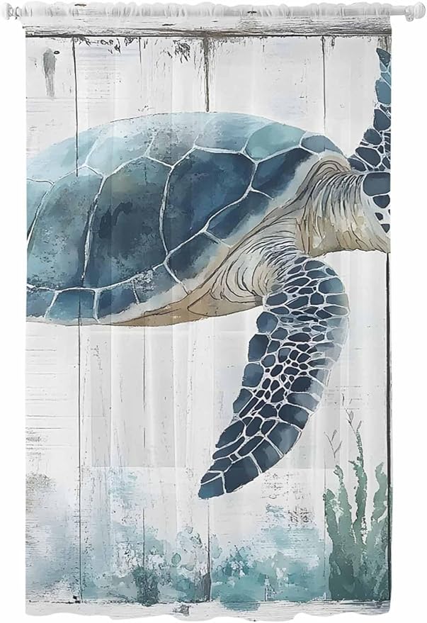 Sheer Curtains 84 Inches Long, Sea Turtle Teal Blue Semi Sheer Curtains Light Filtering Window Treatment, Summer Coastal Ocean Wood Grain Privacy Voile Drapes for Living Room Bedroom 52x84 Inch