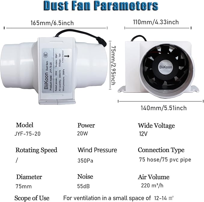 3 Inch Inline Fan 12V Tube Vent Fan Powerful 130Cfm in-line Duct Fan 20W Plastic Extractor Blower for Hydroponics Home Use Ventilation Tent (Color : Adjustable Speed, Size : 20w)