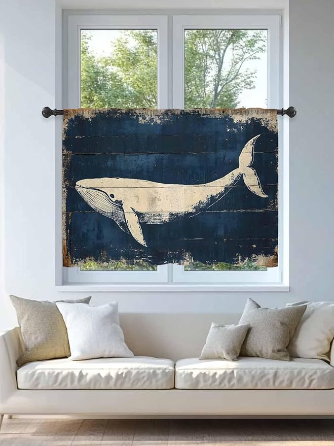 Sheer Curtains 45 Inch Length, Ocean Whale Blue Semi Sheer Curtains Light Filtering Window Treatment, Summer Coastal Vintage Wood Grain Privacy Voile Drapes for Living Room Bedroom 52x45 Inch